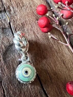 Authentic Pandora Charm Blue Eye Dangle Silver Green Evil Eye Enamel Aqua